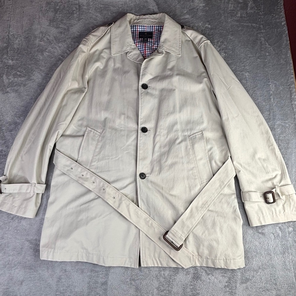 Brooks Brothers Trench Coat Men 46R Beige Regent Fit Belted Cotton Blend Check - Picture 2 of 12
